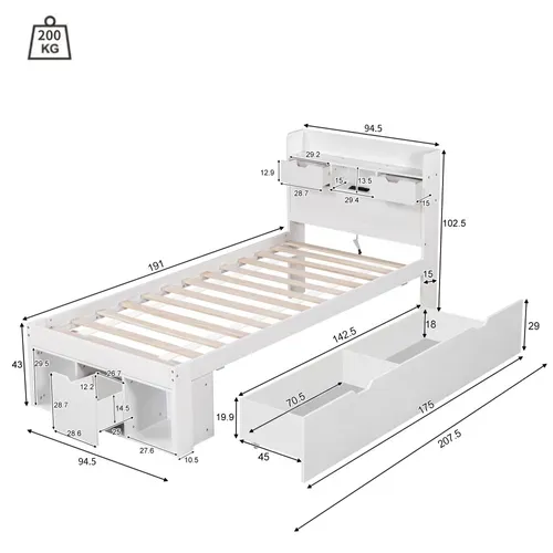 Lit Enfant 90x190 Cm, Lit Avec Rangement Et Ports USB Et Type-c, Avec Sommier à Lattes, Blanc