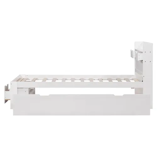 Lit Enfant 90x190 Cm, Lit Avec Rangement Et Ports USB Et Type-c, Avec Sommier à Lattes, Blanc