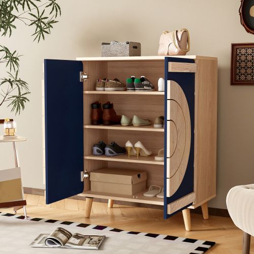 Meuble à Chaussures, Portes Géométriques Rondes, Rangement Multi-niveaux, Bleu Et Naturel