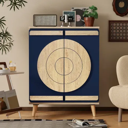 Meuble à Chaussures, Portes Géométriques Rondes, Rangement Multi-niveaux, Bleu Et Naturel