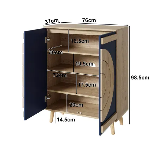 Meuble à Chaussures, Portes Géométriques Rondes, Rangement Multi-niveaux, Bleu Et Naturel