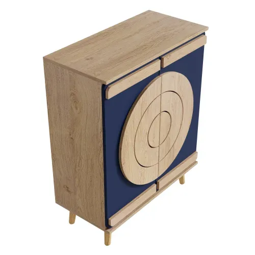 Meuble à Chaussures, Portes Géométriques Rondes, Rangement Multi-niveaux, Bleu Et Naturel