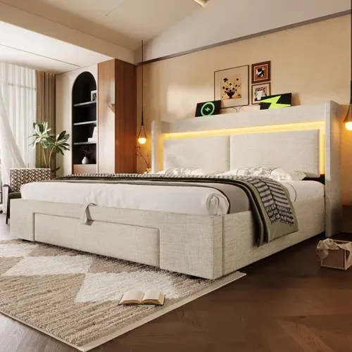 Lit Coffre 160x200 Cm, Lit Avec Tête De Lit De Rangement, Avec Sommier à Lattes, En Tissu, Beige