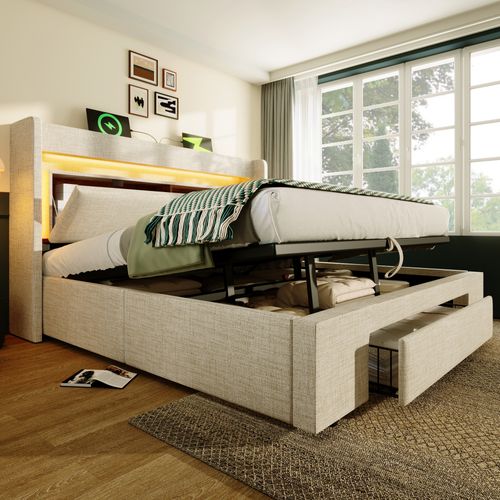 Lit Coffre 160x200 Cm, Lit Avec Tête De Lit De Rangement, Avec Sommier à Lattes, En Tissu, Beige