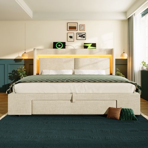 Lit Coffre 160x200 Cm, Lit Avec Tête De Lit De Rangement, Avec Sommier à Lattes, En Tissu, Beige