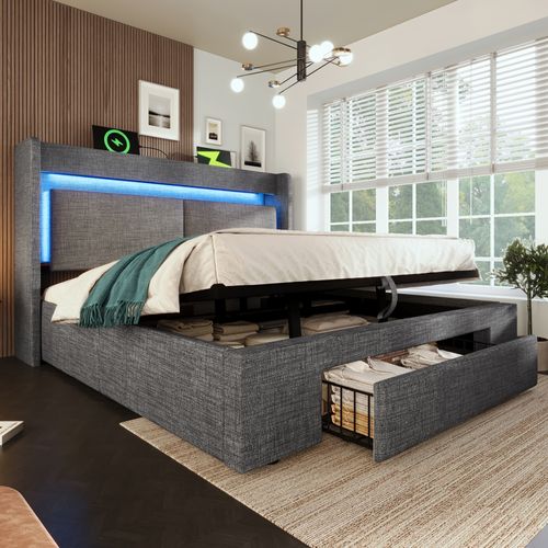 Lit Coffre 160x200 Cm, Lit Avec Tête De Lit De Rangement Et Sommier à Lattes, En Tissu, Gris