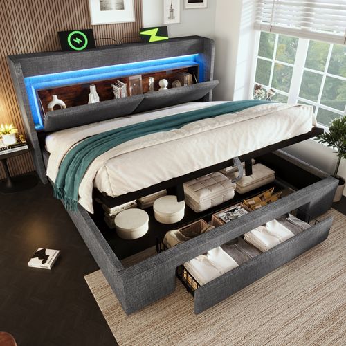 Lit Coffre 160x200 Cm, Lit Avec Tête De Lit De Rangement Et Sommier à Lattes, En Tissu, Gris