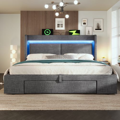 Lit Coffre 160x200 Cm, Lit Avec Tête De Lit De Rangement Et Sommier à Lattes, En Tissu, Gris