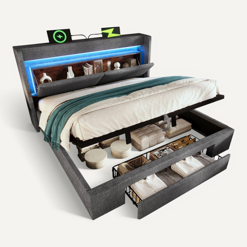Lit Coffre 160x200 Cm, Lit Avec Tête De Lit De Rangement Et Sommier à Lattes, En Tissu, Gris