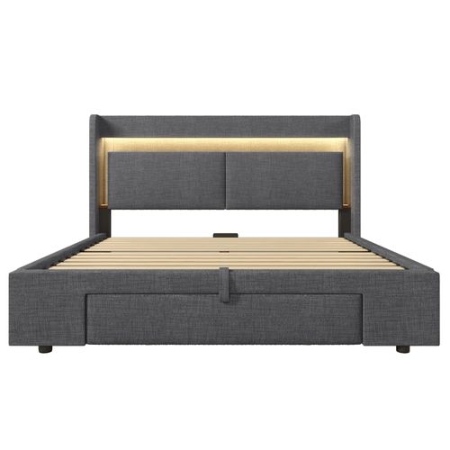 Lit Coffre 160x200 Cm, Lit Avec Tête De Lit De Rangement Et Sommier à Lattes, En Tissu, Gris
