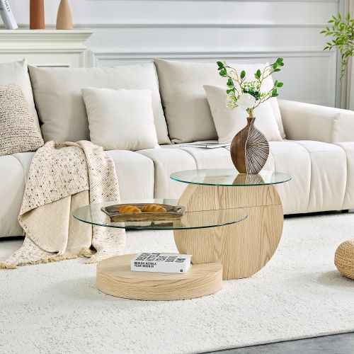 Table Basse Ronde Transparent Et Bois, Design à Deux Niveaux En Verre