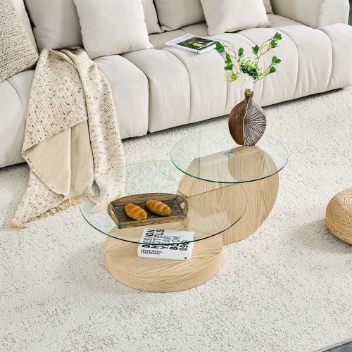 Table Basse Ronde Transparent Et Bois, Design à Deux Niveaux En Verre