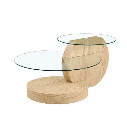 Table Basse Ronde Transparent Et Bois, Design à Deux Niveaux En Verre
