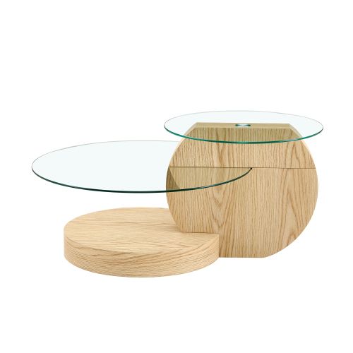 Table Basse Ronde Transparent Et Bois, Design à Deux Niveaux En Verre
