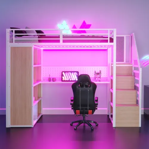 Lit Mezzanine 90x200 Cm Avec Bureau, Rangement Et LED, En Métal, Blanc
