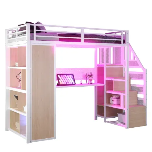 Lit Mezzanine 90x200 Cm Avec Bureau, Rangement Et LED, En Métal, Blanc