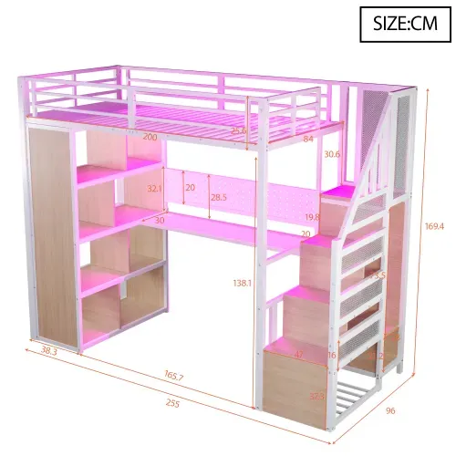 Lit Mezzanine 90x200 Cm Avec Bureau, Rangement Et LED, En Métal, Blanc