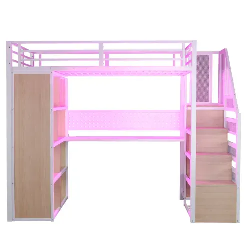 Lit Mezzanine 90x200 Cm Avec Bureau, Rangement Et LED, En Métal, Blanc