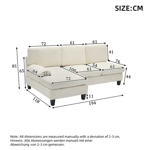 Canapé D’angle Convertible 3 Places En Tissu Beige, 194 X 118 X 81 Cm