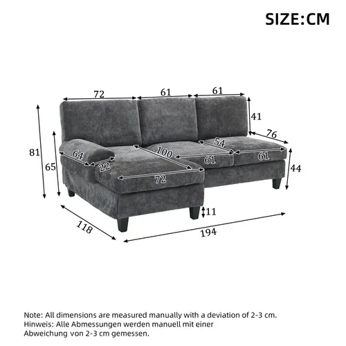 Canapé D'angle Convertible 3 Places En Tissu Gris, 194 X 118 X 81 Cm