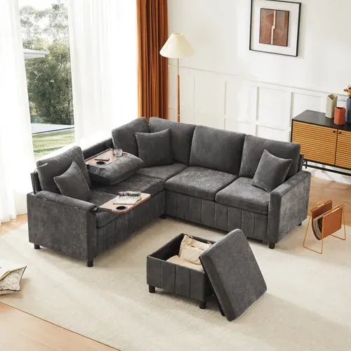Canapé D’angle Convertible En Chenille Gris Avec Pouf Coffre Et Ports De Charge