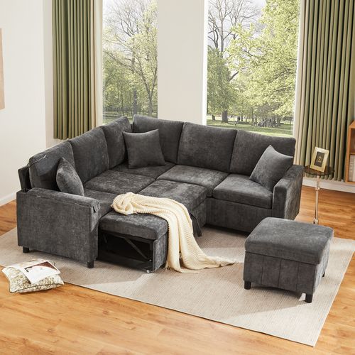 Canapé D’angle Convertible En Chenille Gris Avec Pouf Coffre Et Ports De Charge