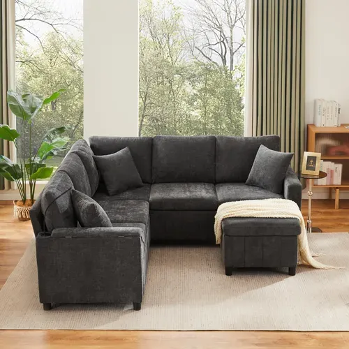 Canapé D’angle Convertible En Chenille Gris Avec Pouf Coffre Et Ports De Charge