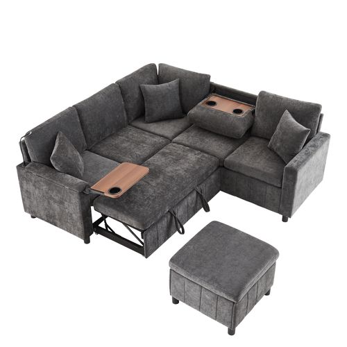 Canapé D’angle Convertible En Chenille Gris Avec Pouf Coffre Et Ports De Charge