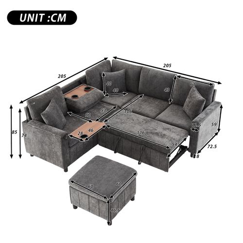Canapé D’angle Convertible En Chenille Gris Avec Pouf Coffre Et Ports De Charge
