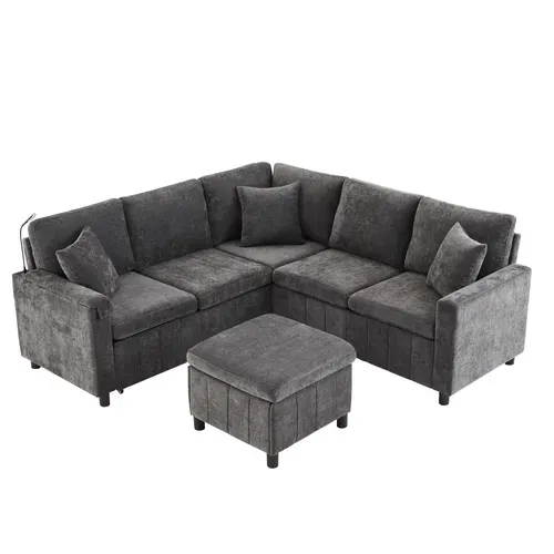 Canapé D’angle Convertible En Chenille Gris Avec Pouf Coffre Et Ports De Charge