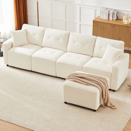 Canapé 4 Places En Velours Côtelé Avec Coffre Et Pouf, Beige