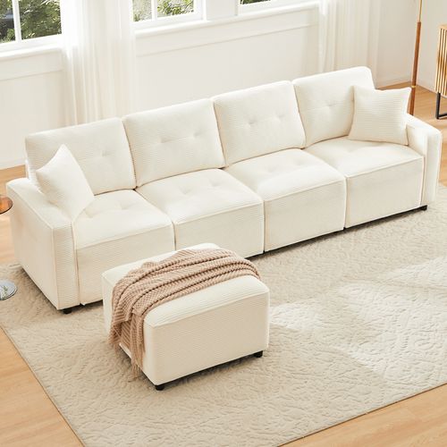 Canapé 4 Places En Velours Côtelé Avec Coffre Et Pouf, Beige