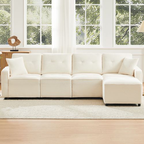 Canapé 4 Places En Velours Côtelé Avec Coffre Et Pouf, Beige