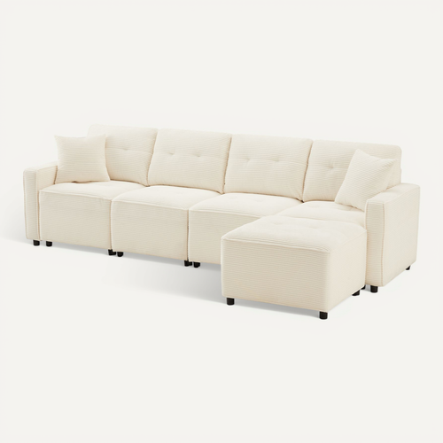 Canapé 4 Places En Velours Côtelé Avec Coffre Et Pouf, Beige