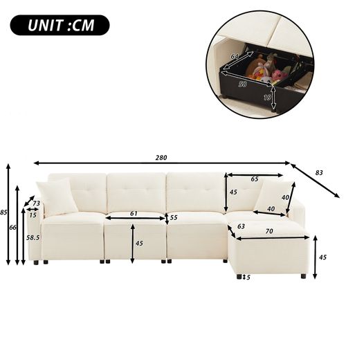 Canapé 4 Places En Velours Côtelé Avec Coffre Et Pouf, Beige