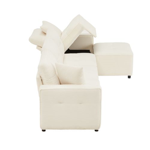 Canapé 4 Places En Velours Côtelé Avec Coffre Et Pouf, Beige