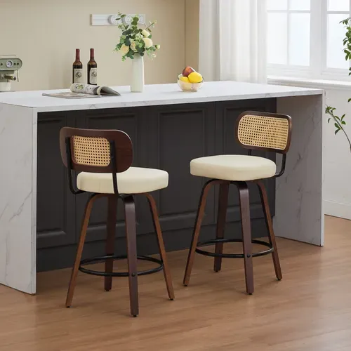 Lot De 2 Tabourets De Bar Pivotants, Dossier Cannage, Assise En Pu, Beige