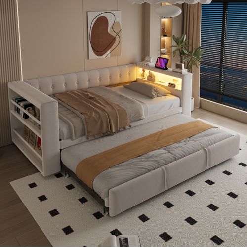 Lit Gigogne 90/180x190 Cm Avec LED, Prises Et Rangement, En Tissu, Beige