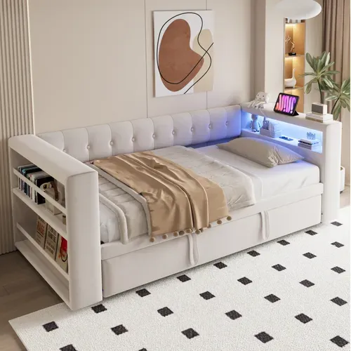 Lit Gigogne 90/180x190 Cm Avec LED, Prises Et Rangement, En Tissu, Beige
