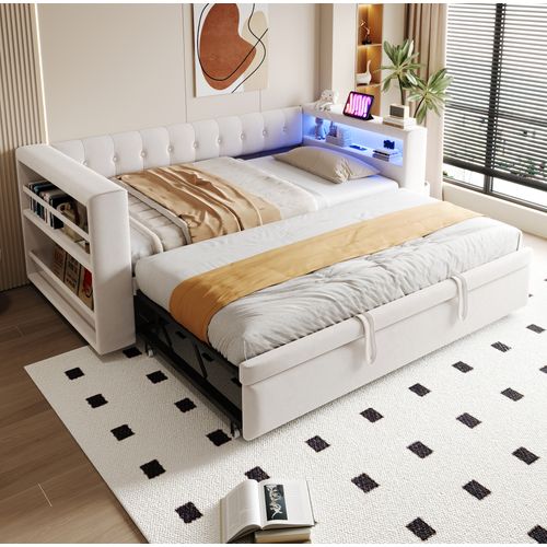Lit Gigogne 90/180x190 Cm Avec LED, Prises Et Rangement, En Tissu, Beige