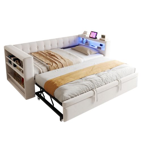 Lit Gigogne 90/180x190 Cm Avec LED, Prises Et Rangement, En Tissu, Beige