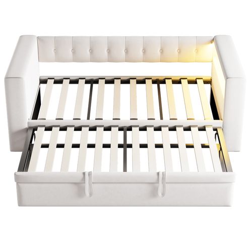 Lit Gigogne 90/180x190 Cm Avec LED, Prises Et Rangement, En Tissu, Beige