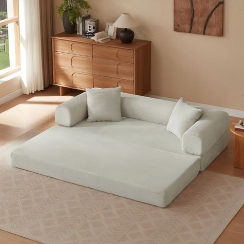 Canapé Droit Convertible, Canapé Pliant Au Sol, En Velours Beige, Sans Repose-pieds