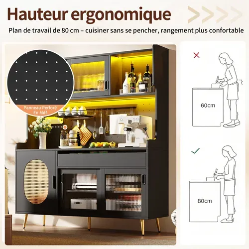 Buffet De Cuisine Haut Noir 145 X 39 X 171 Cm Avec Bande LED Contrôlable Via Appli