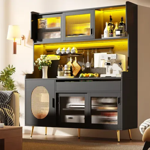 Buffet De Cuisine Haut Noir 145 X 39 X 171 Cm Avec Bande LED Contrôlable Via Appli