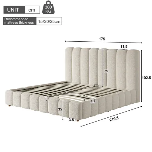 Lit Coffre 160x200 Cm, Coffre De Rangement Hydraulique, Tête De Lit à Bandes, En Bouclé, Blanc