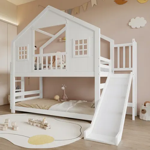 Lit Superposé 90x200 Cm, Avec Toboggan Et Lattes, Design Cabane En Bois, Blanc