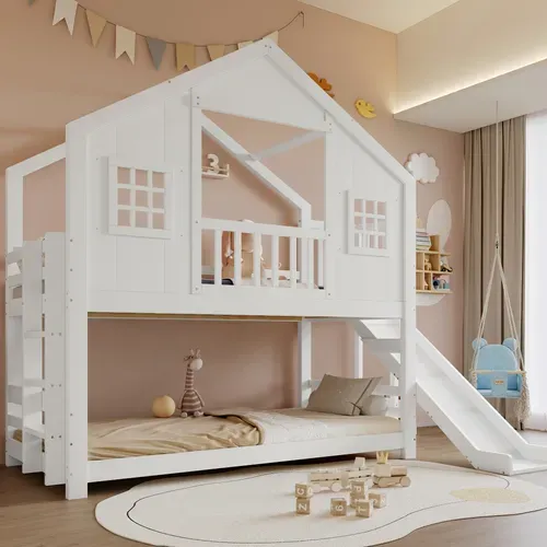 Lit Superposé 90x200 Cm, Avec Toboggan Et Lattes, Design Cabane En Bois, Blanc