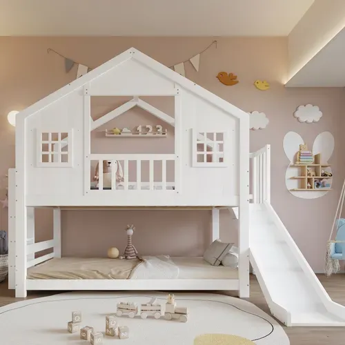 Lit Superposé 90x200 Cm, Avec Toboggan Et Lattes, Design Cabane En Bois, Blanc
