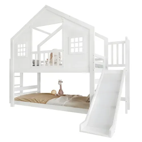 Lit Superposé 90x200 Cm, Avec Toboggan Et Lattes, Design Cabane En Bois, Blanc